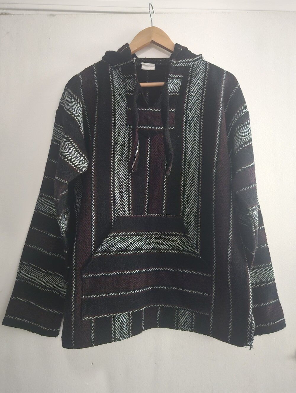Baja Men's Hooded Pullover Sweater Jacket - Black & Teal Striped Large